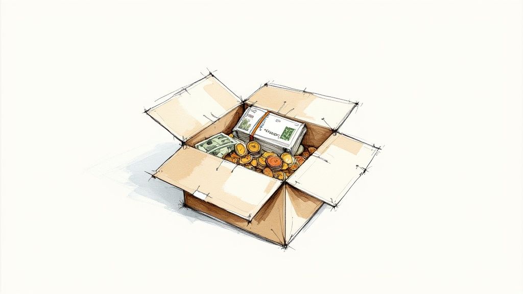 A shipping box being sealed and labelled, ready for transit.