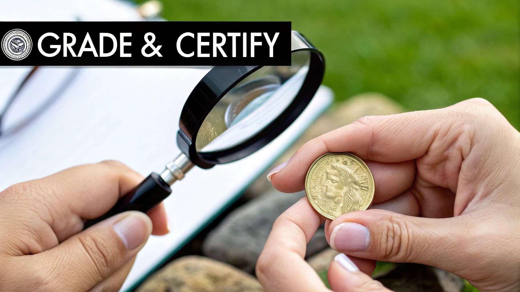 A magnifying glass hovering over an old, possibly rare, coin, highlighting the importance of detailed inspection and authentication.