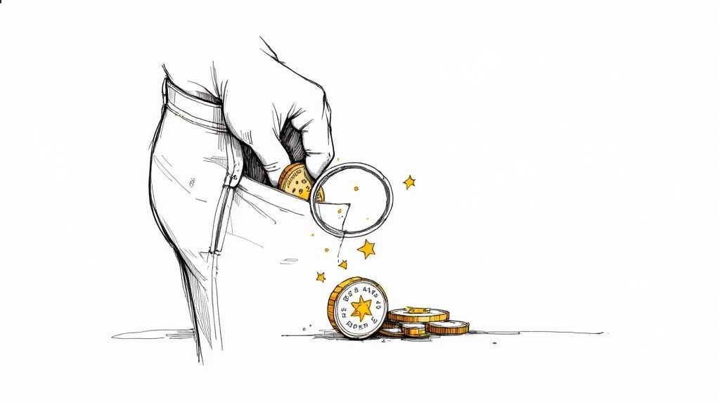 Hand emptying pocket with coins falling out, illustrating checking for valuable fifty pence pieces