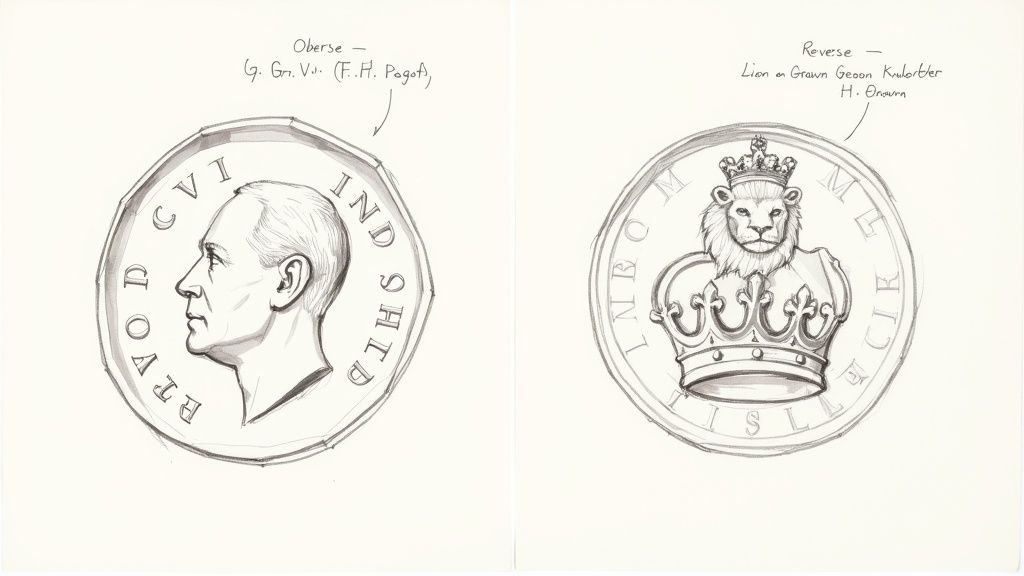Hand-drawn coin designs, featuring King George VI on the obverse and a crowned lion on the reverse.