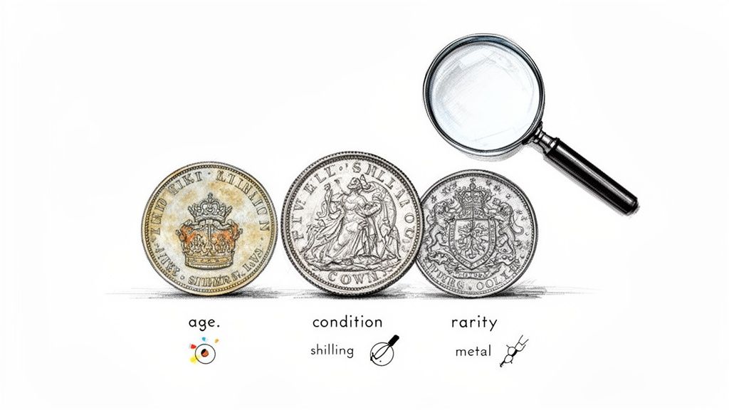 Three antique coins, a magnifying glass, and text describing age, condition, and rarity for numismatic evaluation.