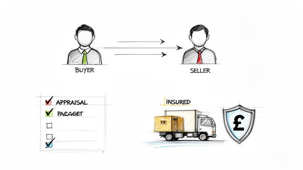 Illustration of a buyer-seller transaction with appraisal, packaging, insured delivery, and payment.