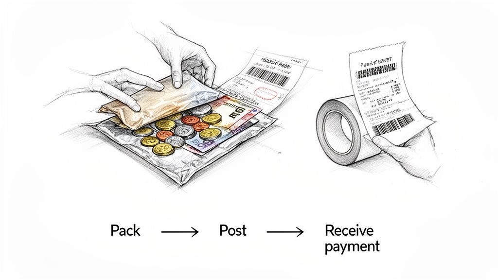 A three-step sketch showing hands packing coins and banknotes, processing with a receipt, and receiving payment.