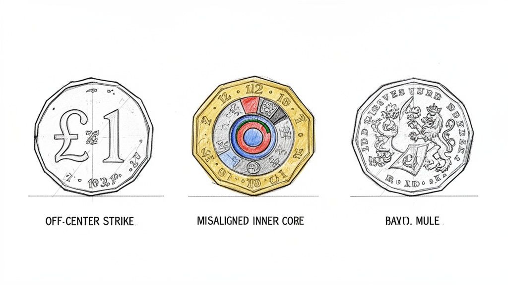 Illustrations of three rare 1 pound coin minting errors: off-center strike, misaligned inner core, and Baxd. Mule.