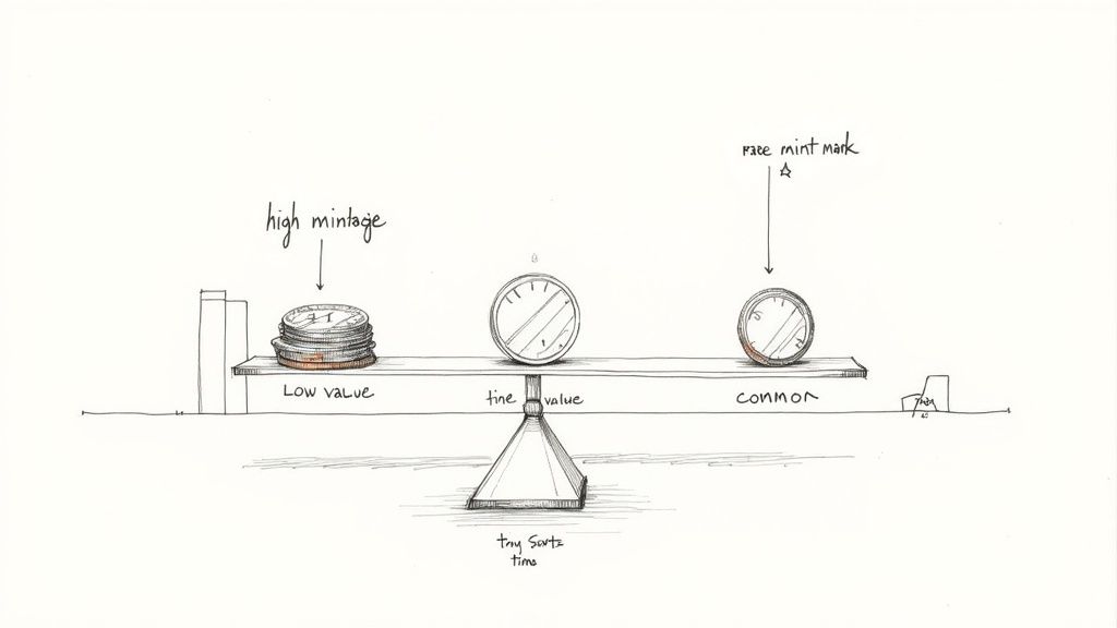 A diagram showing a balance scale comparing coin value based on mintage and mint marks.