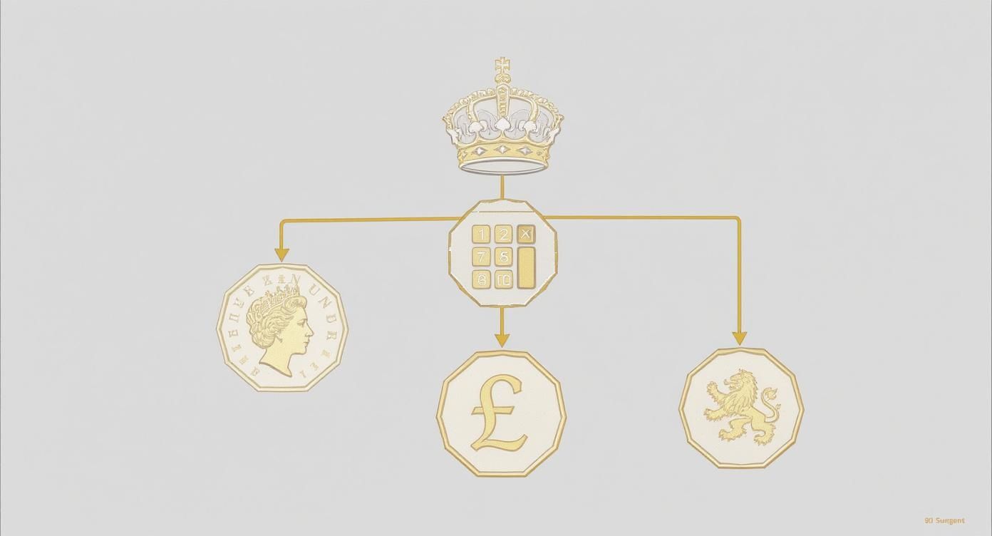 Gold diagram of a crown, calculator, and three British-style coins with a queen, pound, and lion.