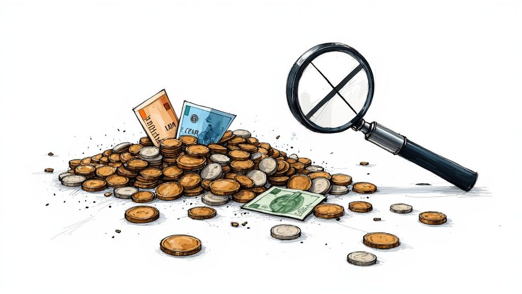 A variety of international coins and banknotes spread out on a surface