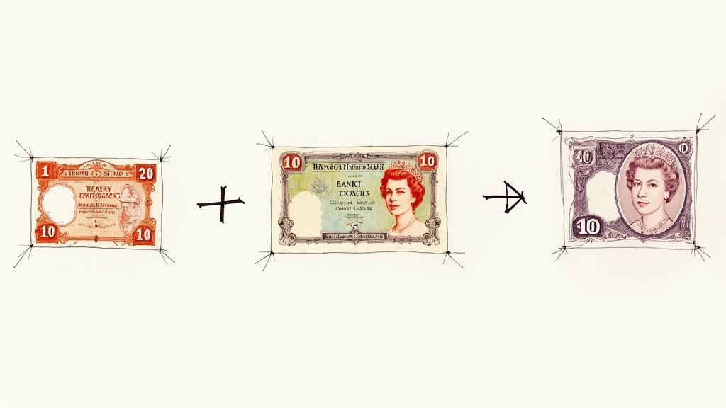 Old ten shilling notes showing different historical designs