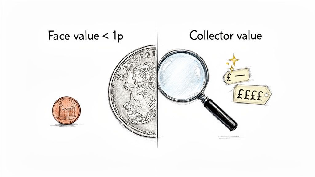 Visual explanation of a coin's face value compared to its much higher collector value.