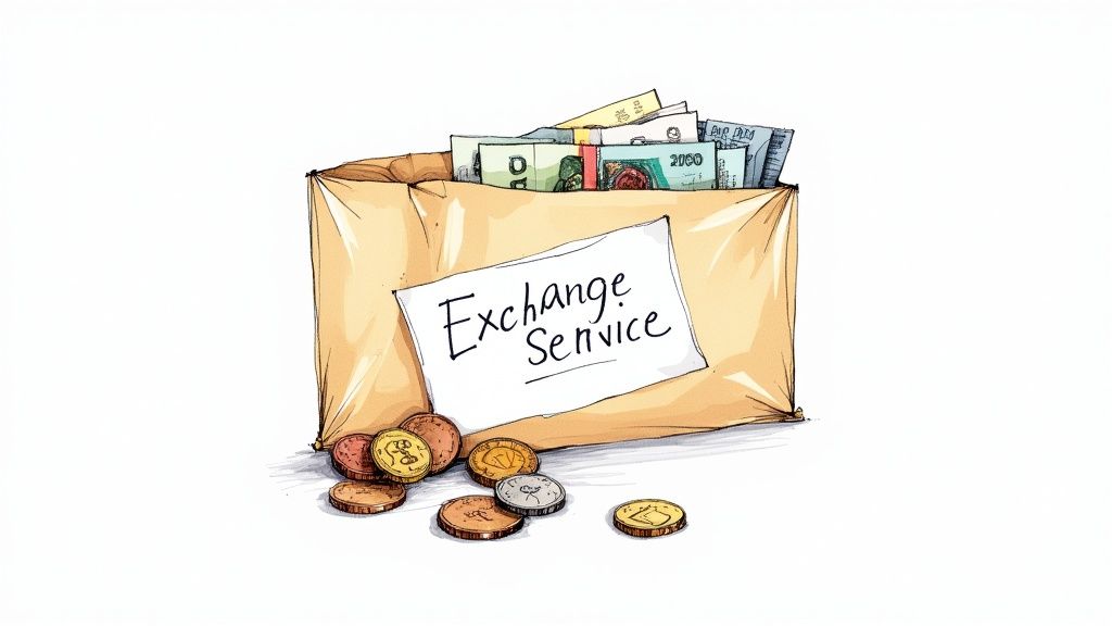 A cartoon illustration of a paper bag filled with banknotes and scattered coins, with a handwritten 'Exchange Service' sign.