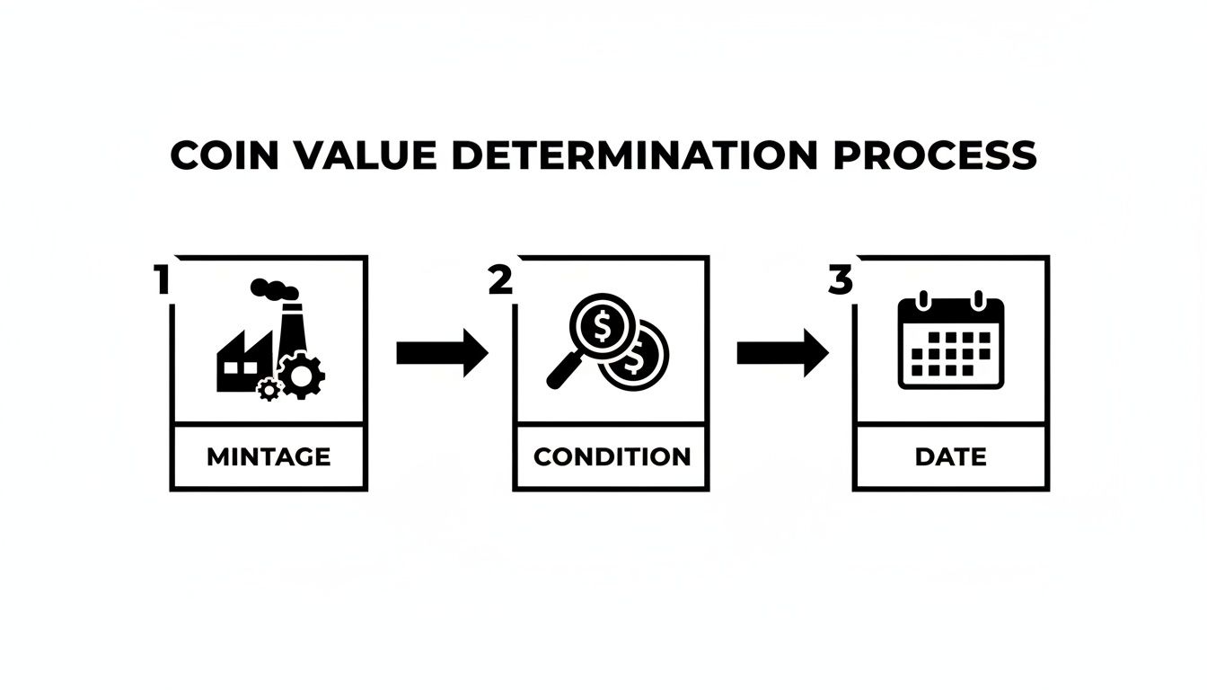 An infographic showing the three-step coin value determination process: Mintage, Condition, and Date.