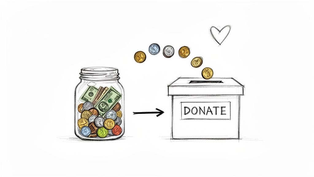 A sketched image showing money in a jar moving towards a donation box with a heart.