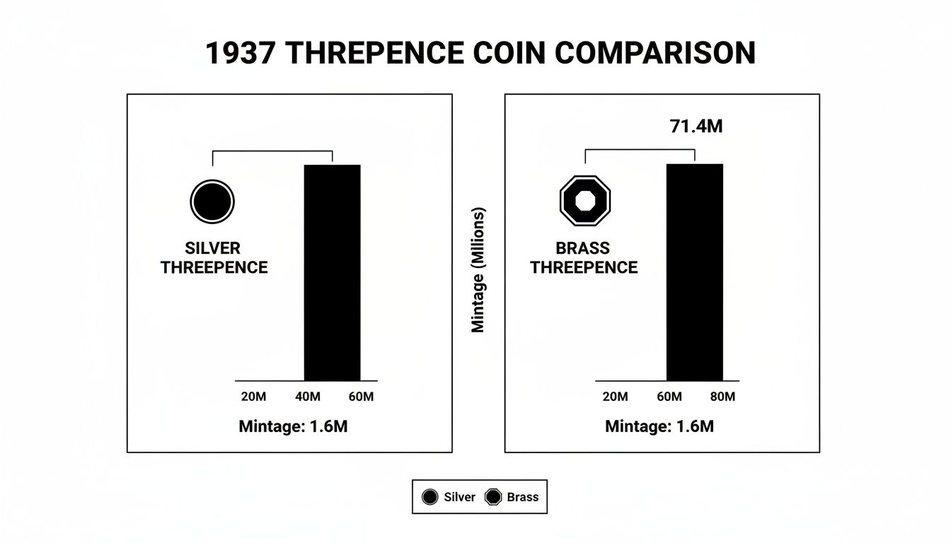Bar charts comparing 1937 silver (1.6M mintage) and brass (71.4M mintage) threepence coins.