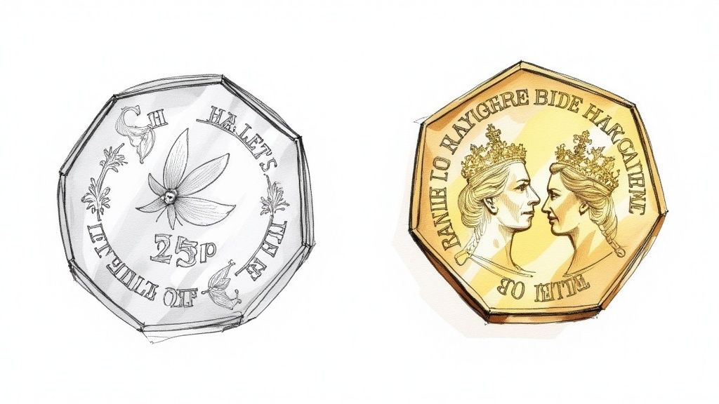 A modern British commemorative crown coin, possibly showing a royal event, held in a gloved hand.