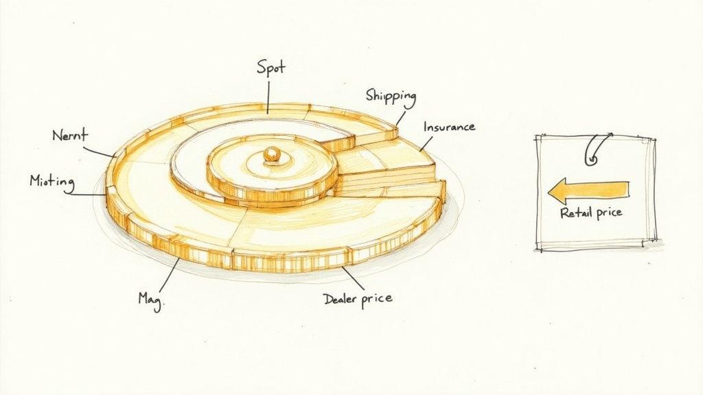 A hand-drawn illustration of a golden spiral showing components like Spot, Shipping, Insurance, and Dealer price, plus a 'Retail price' tag.