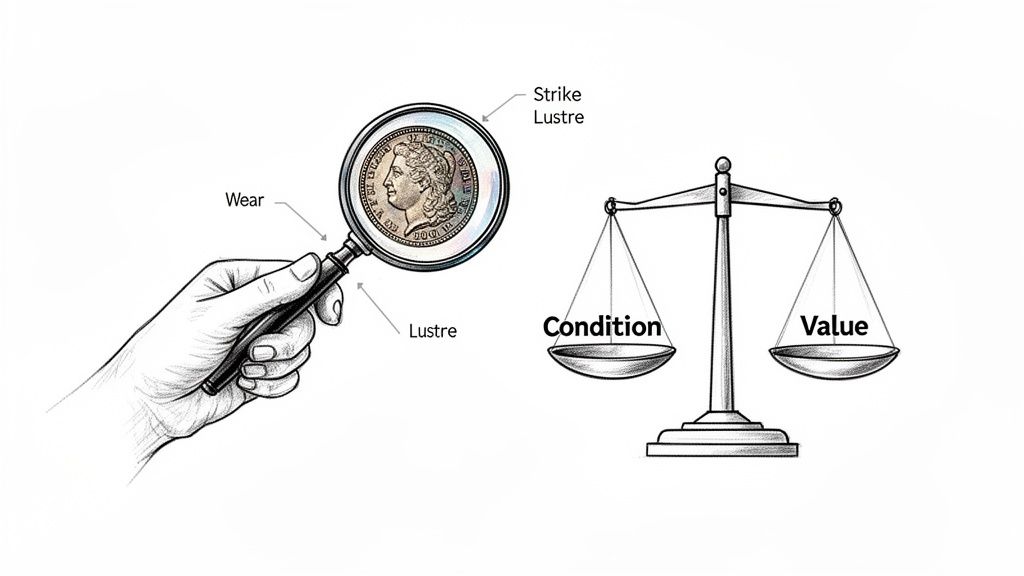 Illustration of a hand examining coin characteristics like wear, strike, and lustre, showing how condition impacts value.