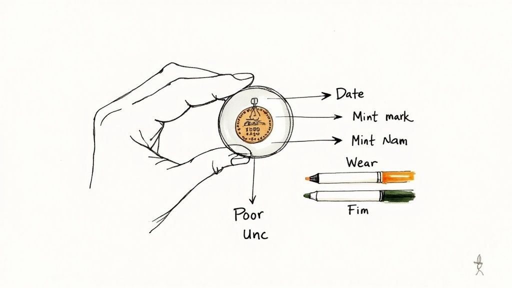 A magnifying glass over a florin coin, showing the intricate details of the design.