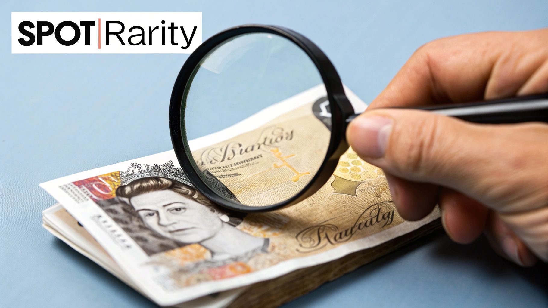 A magnifying glass held over an old banknote, focusing on the intricate details of the engraving.