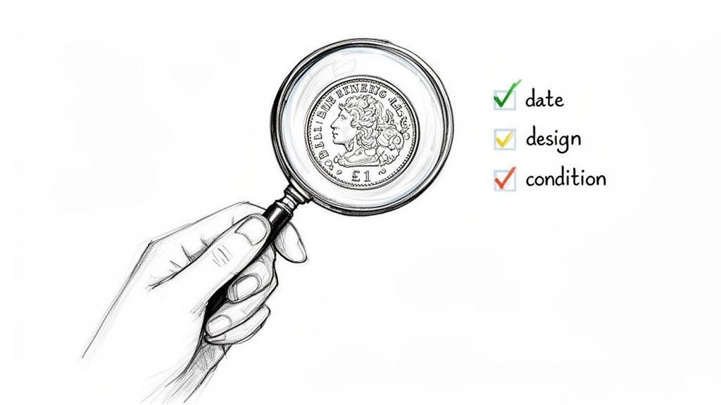 A hand holds a magnifying glass over a one pound coin, checking its date, design, and condition.