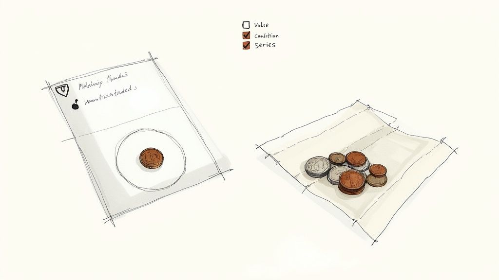 Two coin storage albums displaying single penny and multiple coins on white background