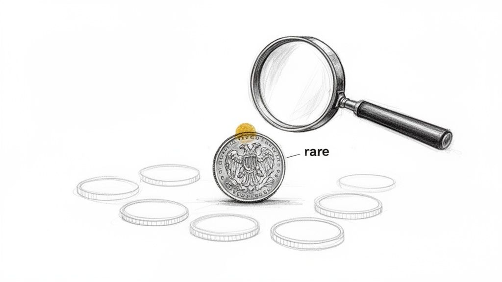 A magnifying glass highlights a rare coin with an eagle design, surrounded by other coins.