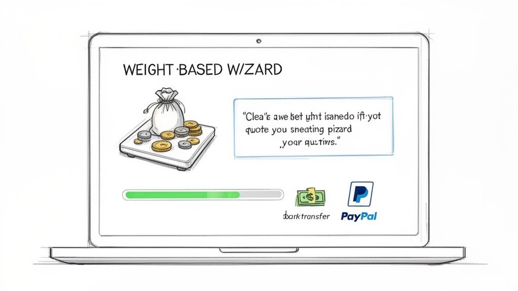 Illustration of a laptop screen with a 'Weight-Based Wizard,' coins on a scale, and payment options.