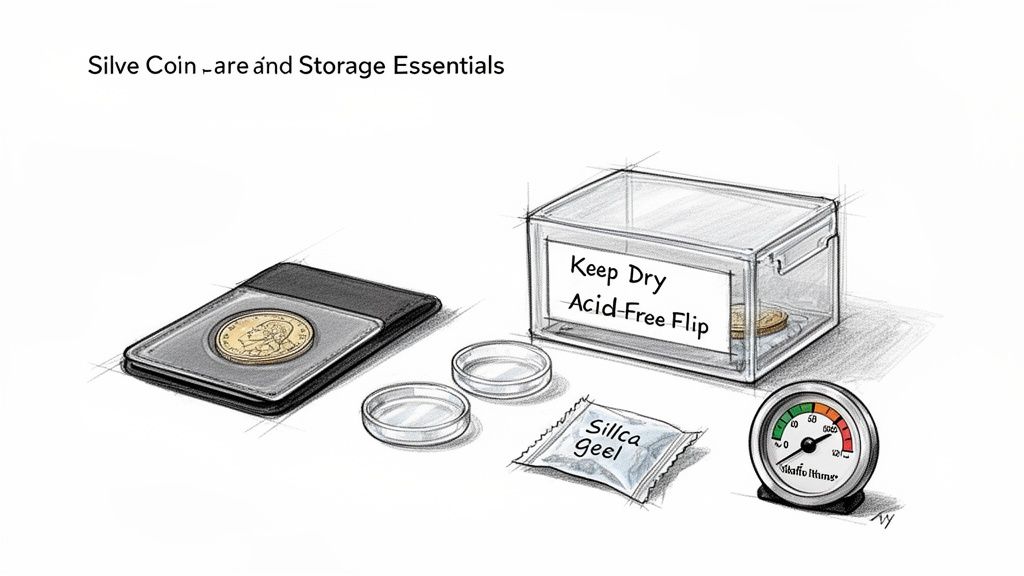 Illustration showing silver coin care and storage essentials like holders, capsules, silica gel, and a hygrometer.