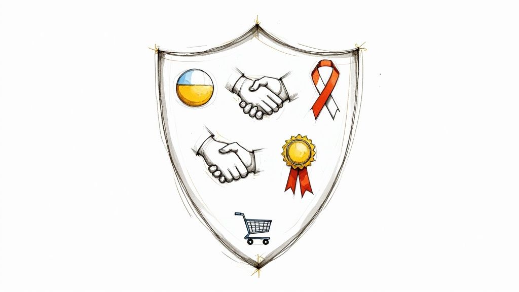 Illustrated shield with symbols of partnership, quality, support, and commerce.