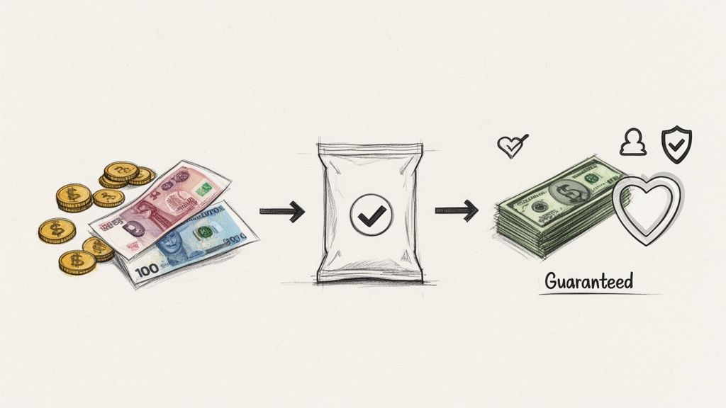 Illustration showing diverse banknotes and coins transforming into a guaranteed stack of dollars and symbols of trust.