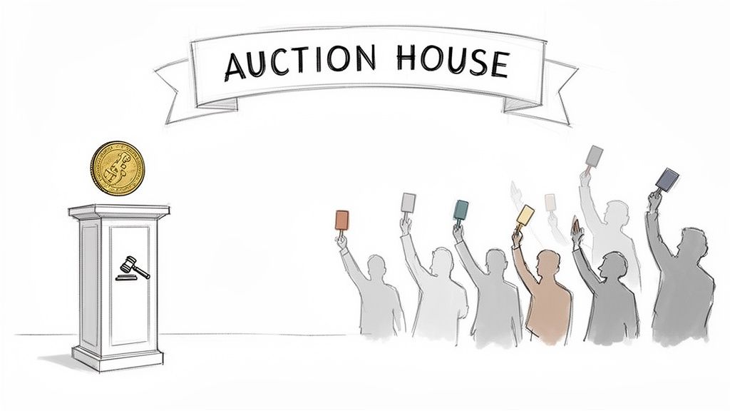 Illustration of an auction house with a rare coin on a pedestal and people bidding.