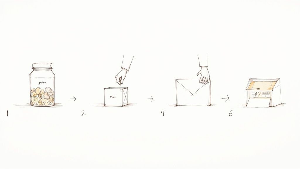 A person securely packaging a box of old coins and banknotes for shipping.