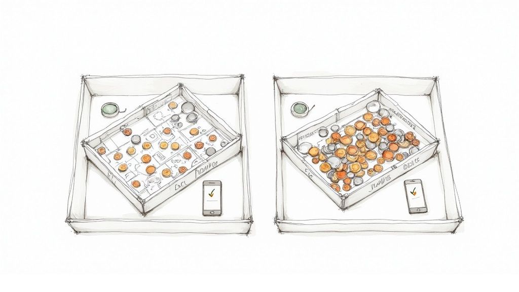 A well-organized display case filled with graded and authenticated rare coins.