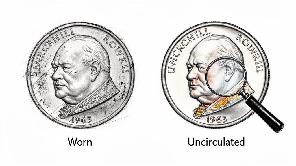 Two 1965 Churchill coins illustrating the difference between a worn coin and an uncirculated one.