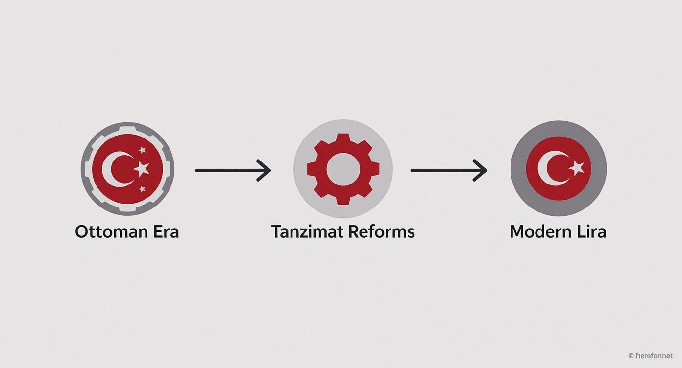 Diagram showing the evolution from Ottoman Era currency through Tanzimat Reforms to Modern Lira.