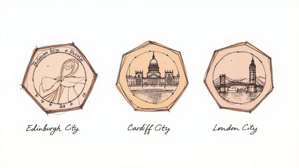 A close-up image showing a variety of rare one pound coins