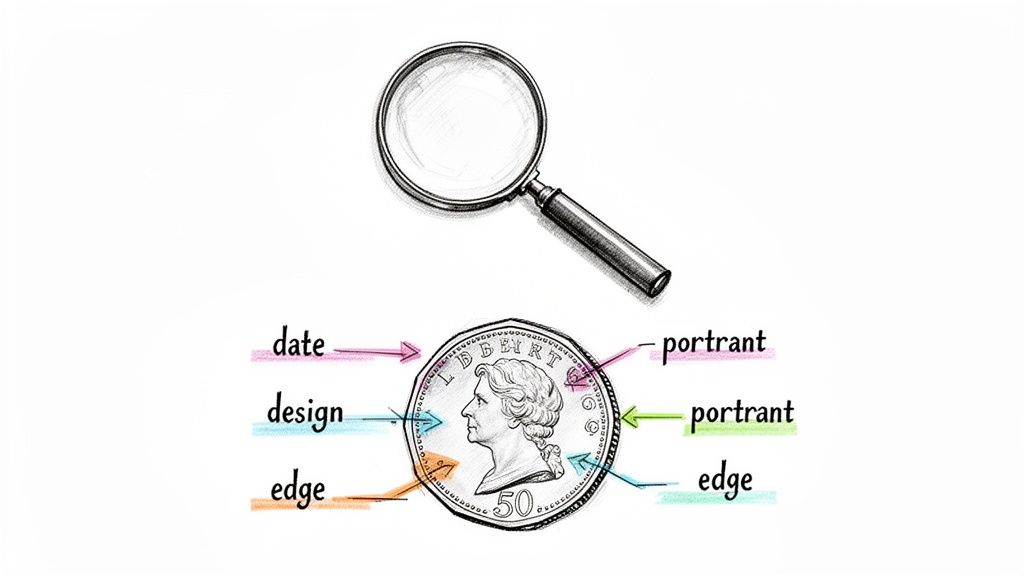 A magnifying glass positioned above a coin with its key features like date, design, edge, and portrait clearly labeled.