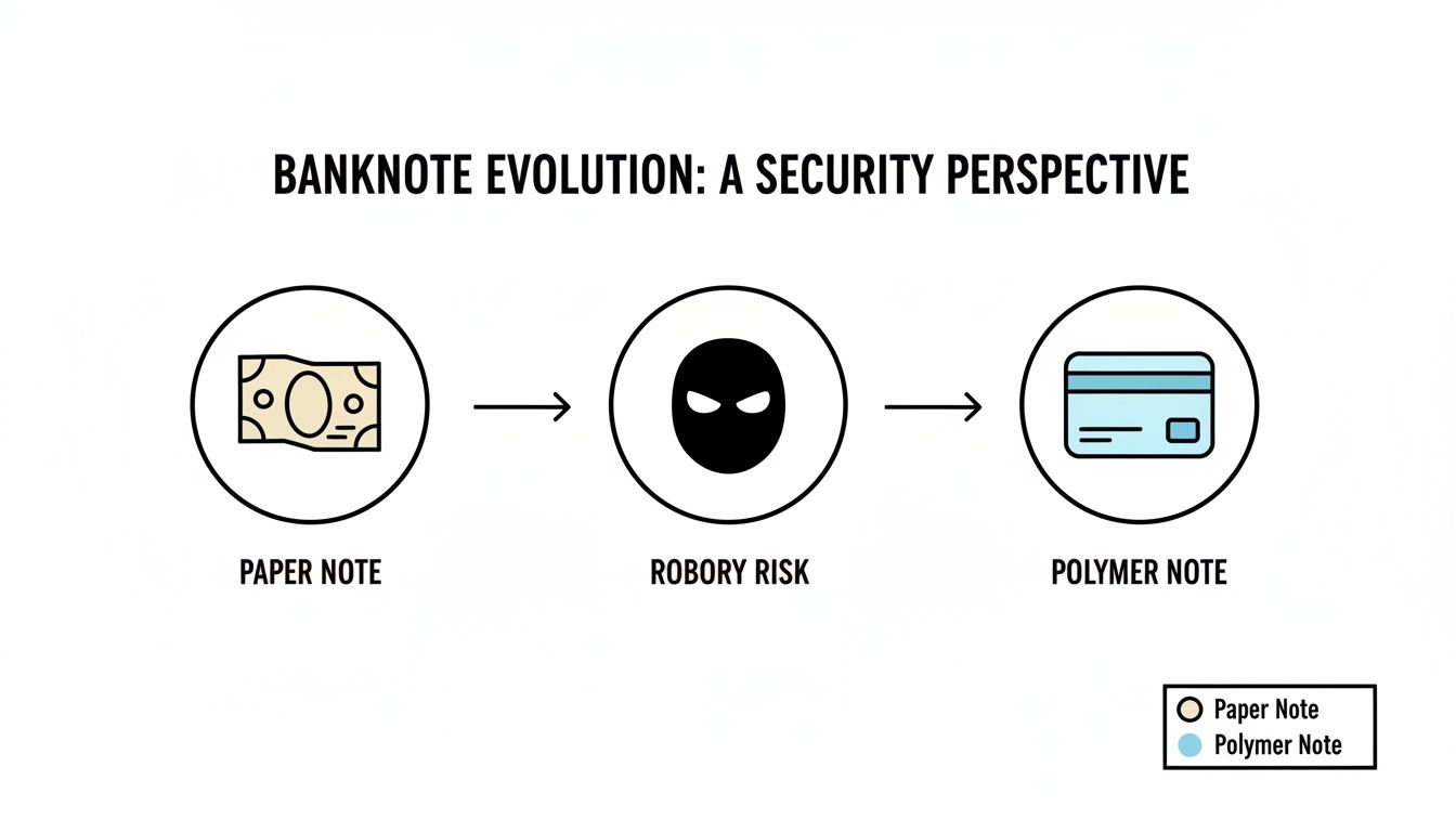 A diagram illustrating banknote evolution from paper notes, through robbery risk, to secure polymer notes.