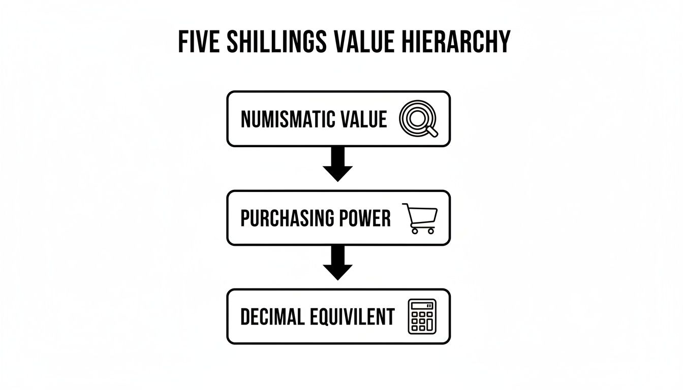 A hierarchy diagram illustrating the value of five shillings, from numismatic to decimal equivalent.