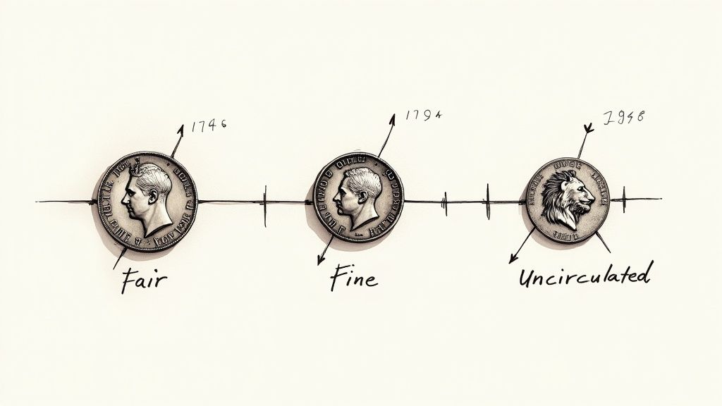A close-up of a 1948 shilling coin held between fingers for inspection