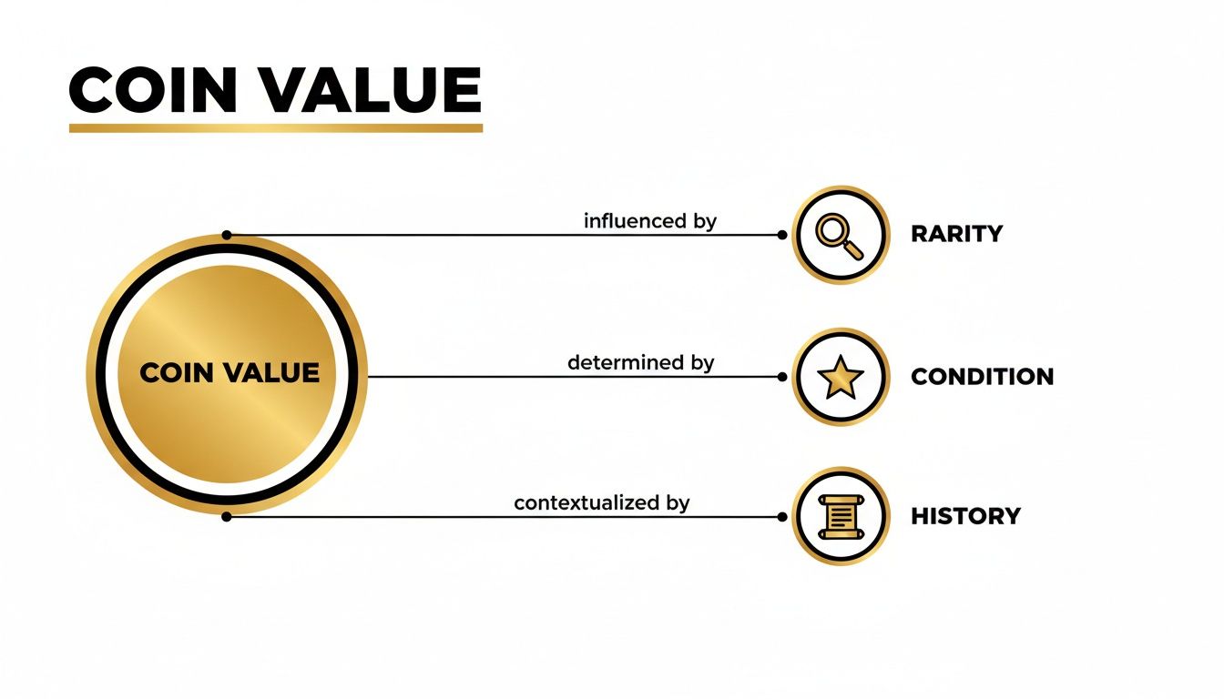 Infographic illustrating the key factors influencing coin value: rarity, condition, and history.
