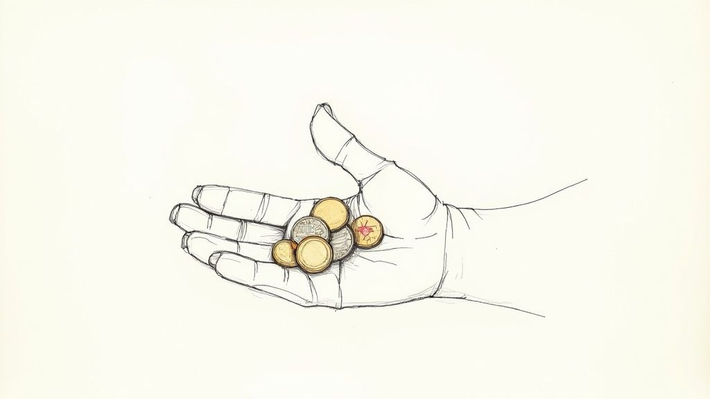 Line drawing of a human hand holding a small pile of gold and silver coins, one featuring a red symbol.