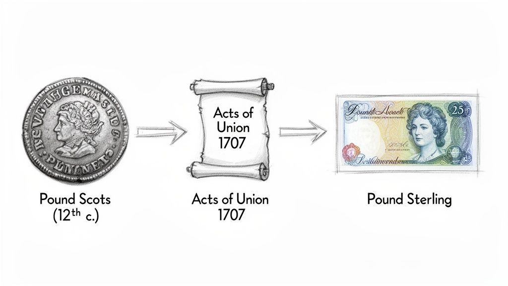 Illustration showing the evolution of Scottish currency from Pound Scots to Pound Sterling after the Acts of Union 1707.