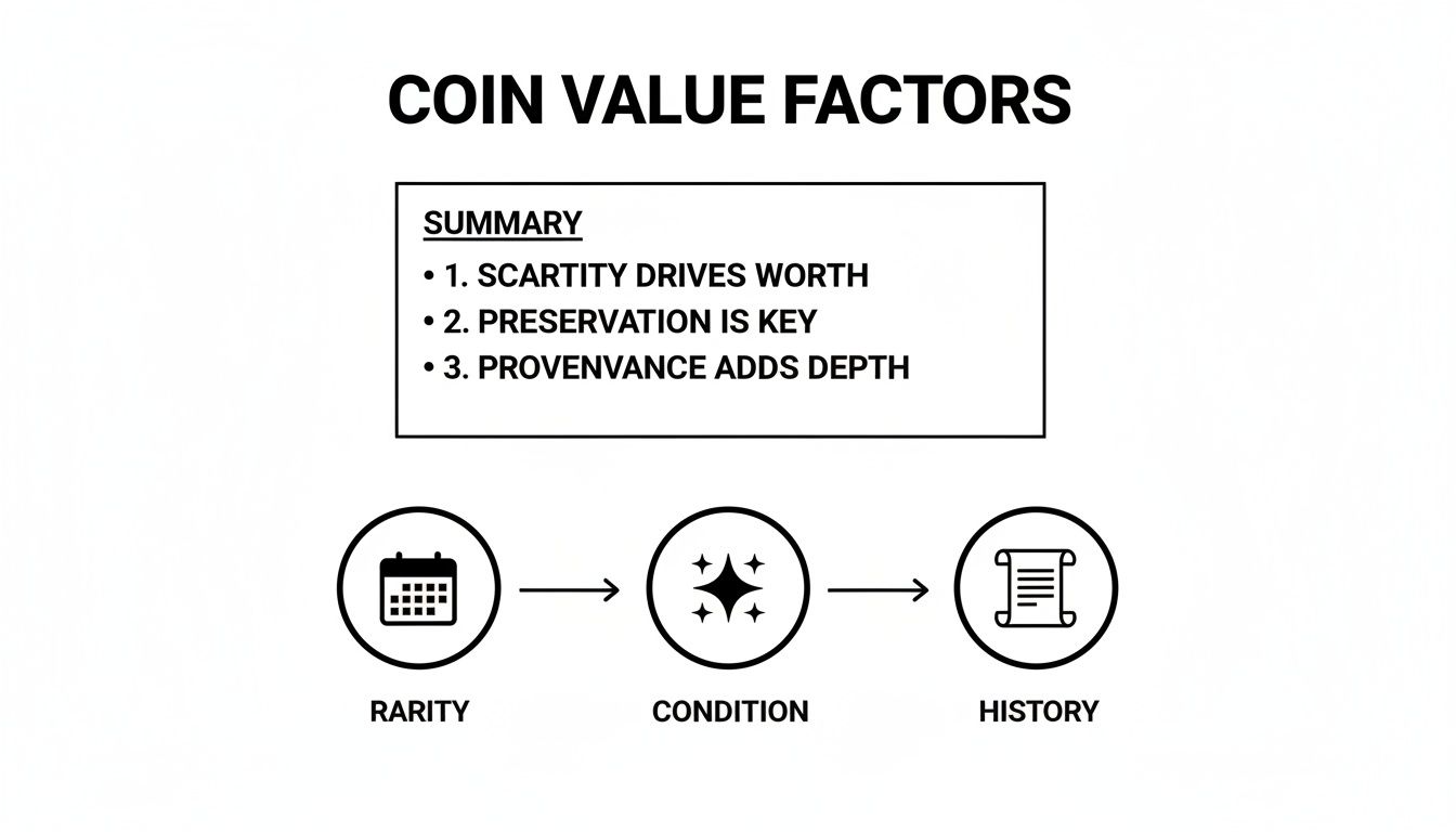 An infographic outlining the key factors that influence a coin's value, including rarity, condition, and history.