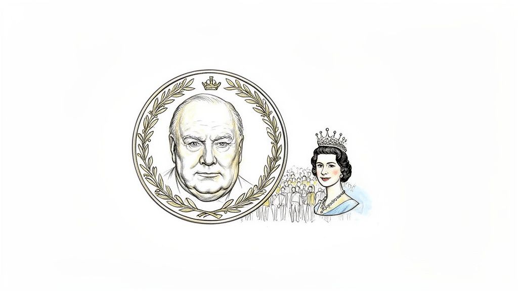 Illustration of Winston Churchill's portrait on a coin or medal, beside Queen Elizabeth II with a crown.