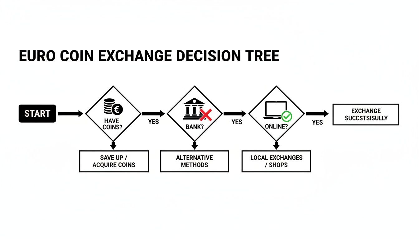 Flowchart showing decision steps for exchanging euro coins, including options like banks or online.
