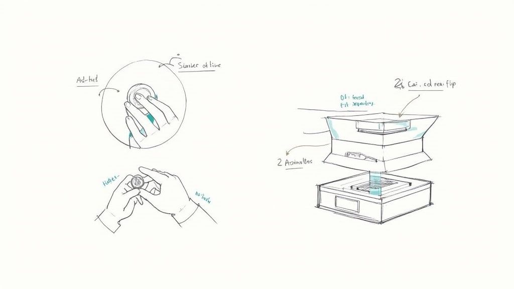 Hand-drawn sketches illustrating coin handling and a conceptual design for a coin display box.