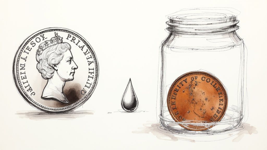 A collection of old coins being carefully examined with a magnifying glass.