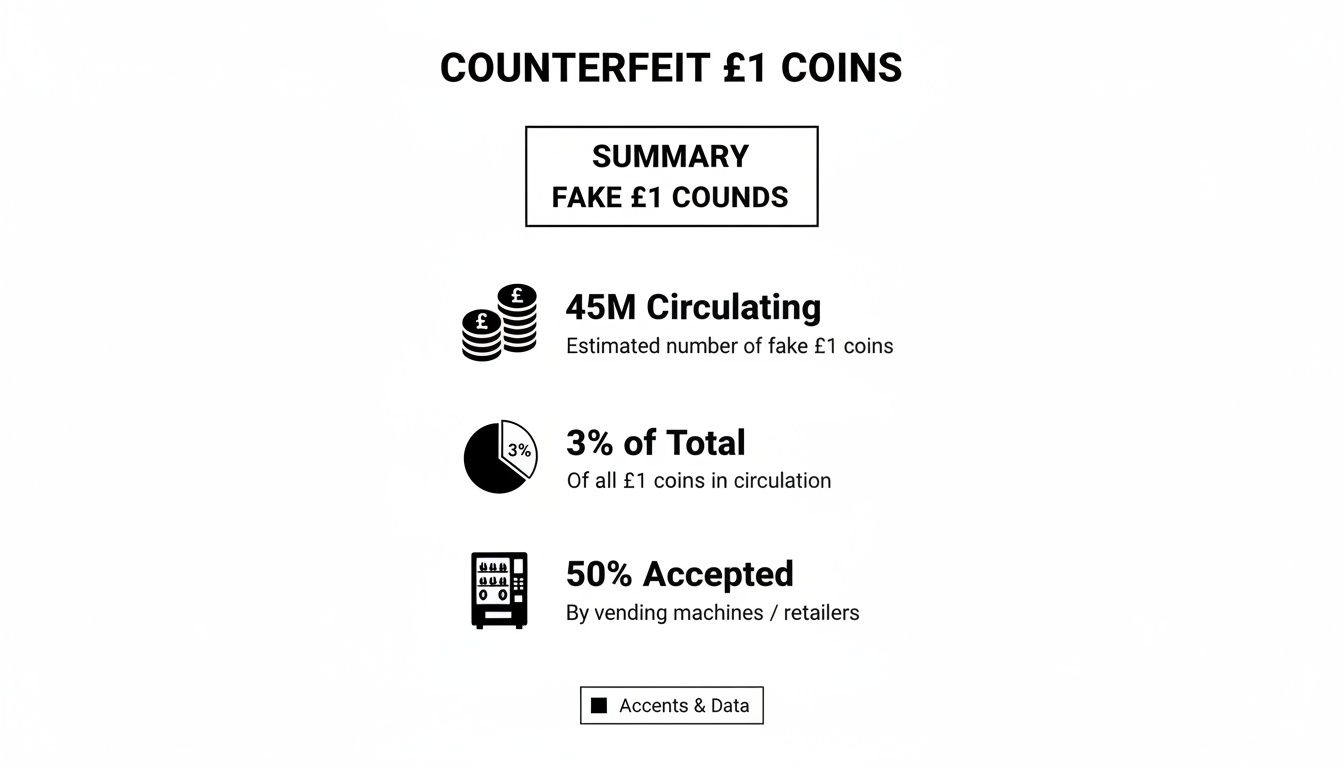 Infographic displaying statistics on fake £1 coins, including 45 million circulating and 50% acceptance.