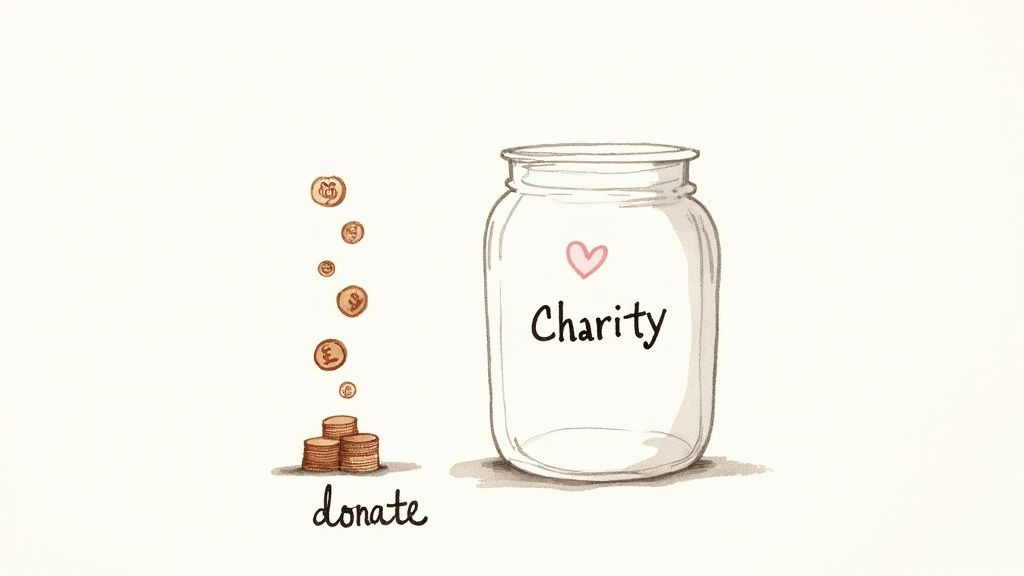 A person dropping an old pound coin into a charity collection box filled with various international coins.