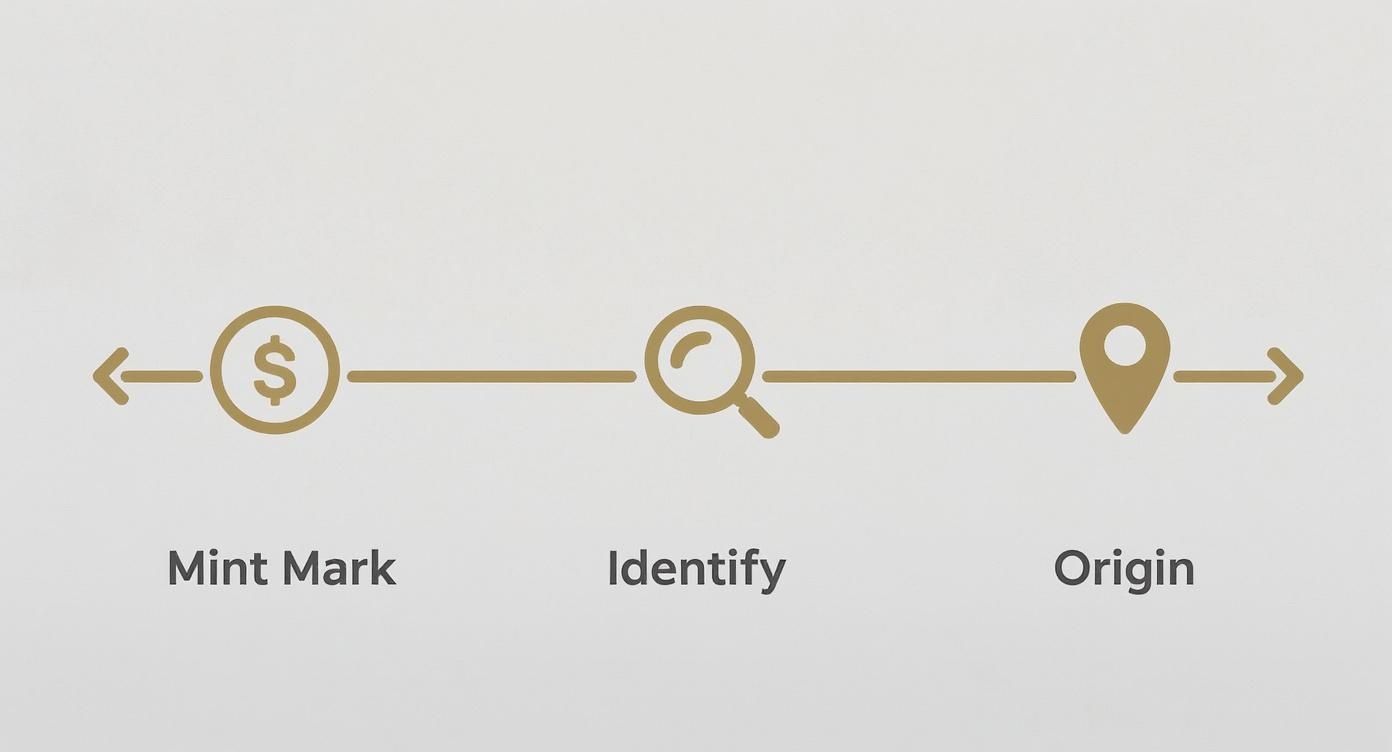 Infographic showing a process flow for identifying coins: Mint Mark, Identify, and Origin.